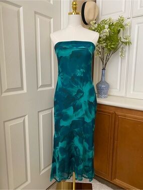 Merokeety - Strapless Teal Floral Satin Midi Dress